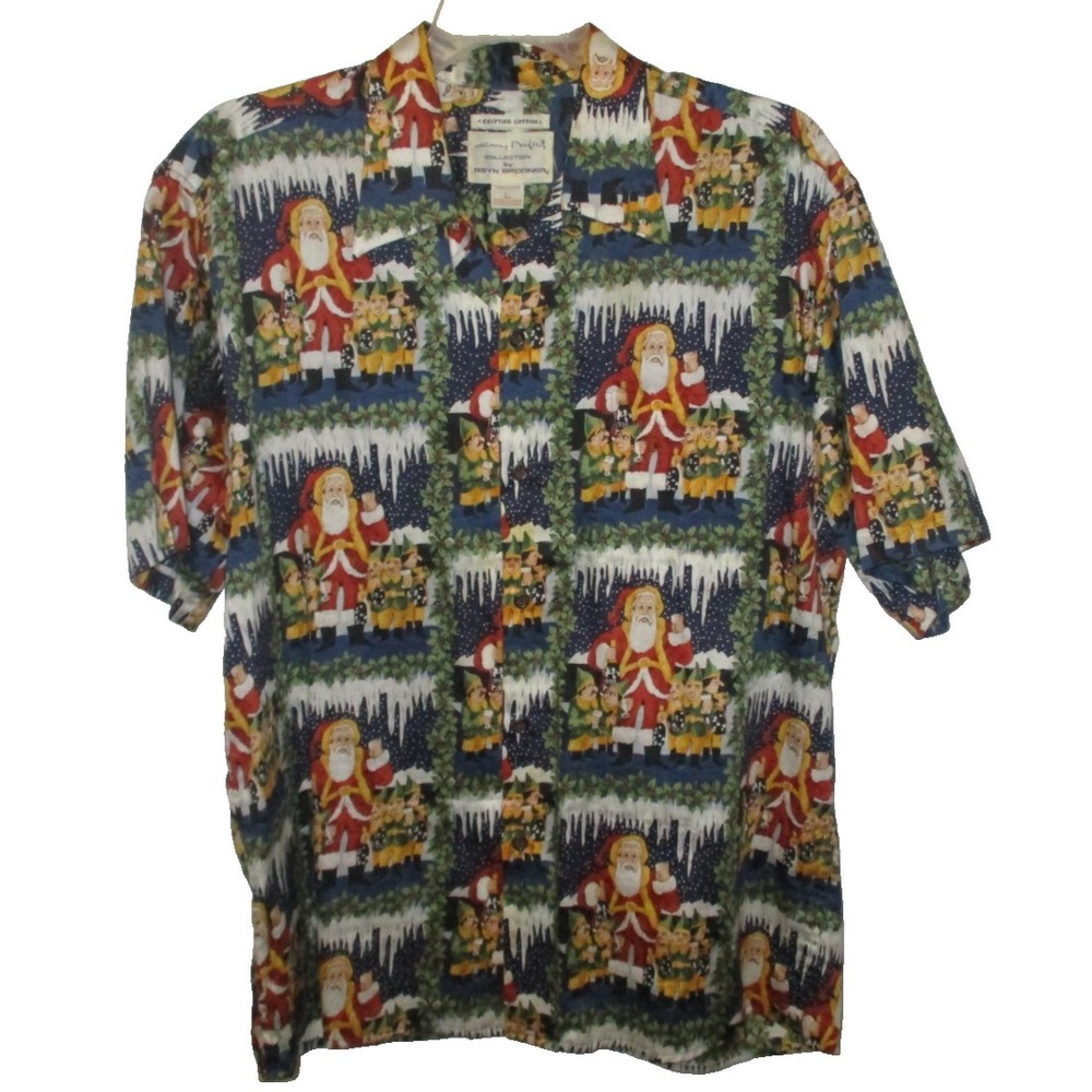 1998 Vintage Reyn Spooner Aloha Christmas Santa Elves Shirt Guy Buffet Art